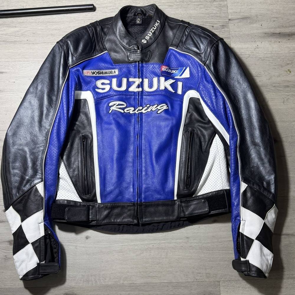 Suzuki Racing Leather Motorcycle Jacket Blue Black White Armor‎ Mens 44 Medium